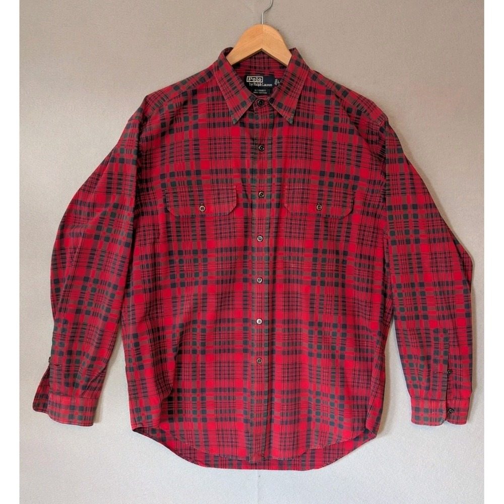 Vtg Polo Ralph Lauren GI Shirt Red Plaid Cotton Mens Large Button Up Long Sleeve